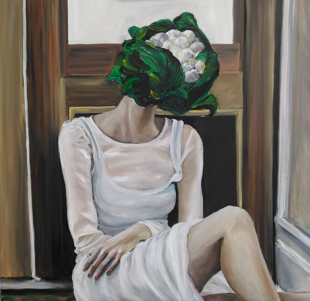 Femme tête de chou-80X80,Tableaux contemporains,artiste peintre Florence
GAUTIER,oeuvre contemporaine.