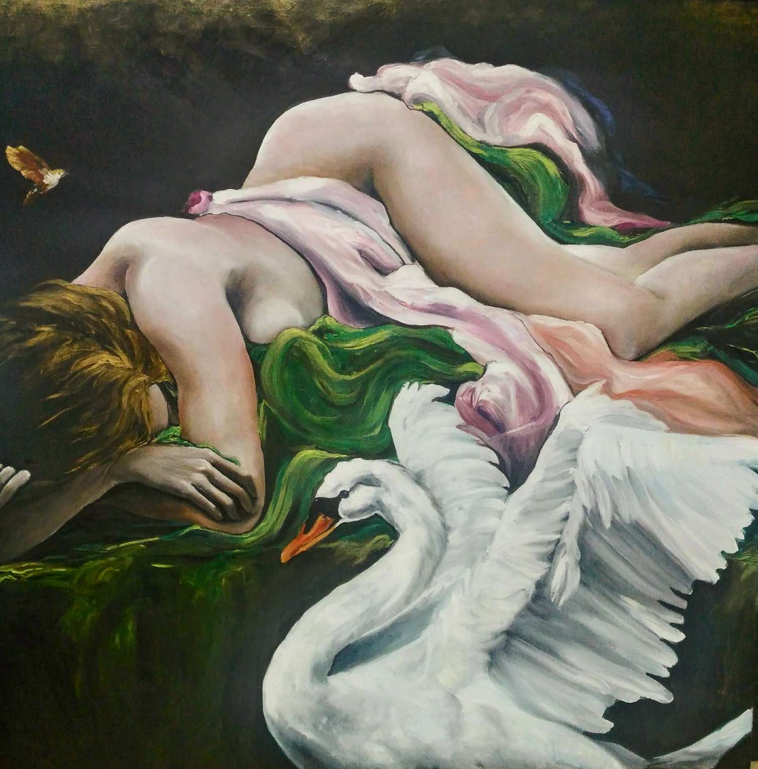 Lda et le cygne - 100x100, Artiste peintre Saint Raphael, F.Gautier