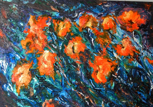 Fleurs-oranges-2015,acrylique-enduit sur toile.Artiste peintre Florence Gautier.