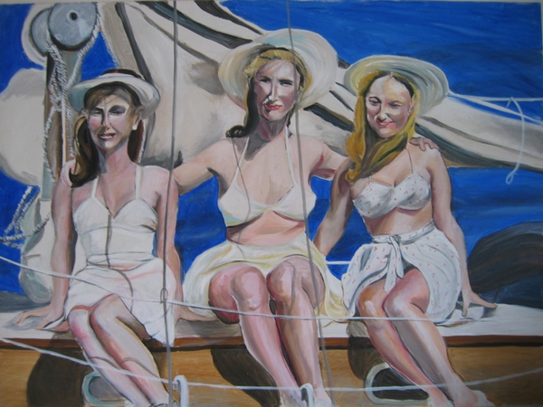 3-femmes sur un voilier,peinture acrylique sur toile.Artiste peintre Florence Gautier.