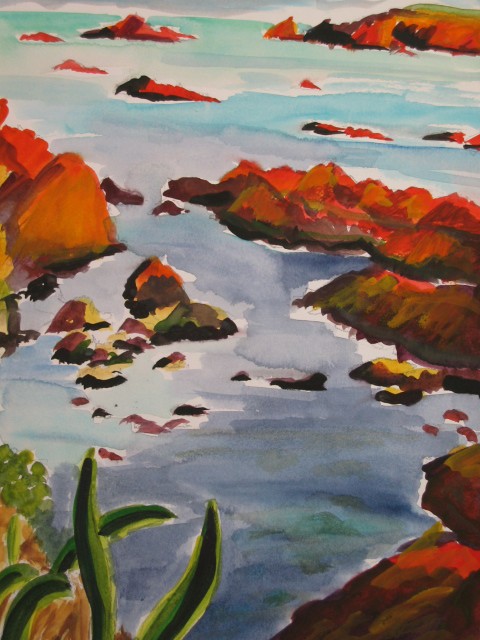 Ile côté Roches,aquarelle sur papier 32 X 24,artiste peintre moderne figuratif Florence Gautier.