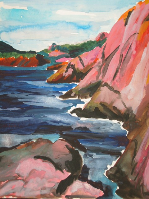 Saint-barthelemy, aquarelle sur papier 32 X 24,artiste peintre moderne Florence Gautier.