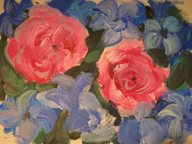 Fleurs roses et bleues,acrylique sur papier.Artiste peintre Florence Gautier.