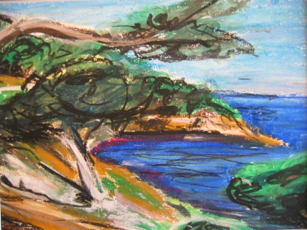 Plage pin maritime,Pastel sur papier 23.5 x 17.5,artiste peintre expressionniste Florence Gautier.